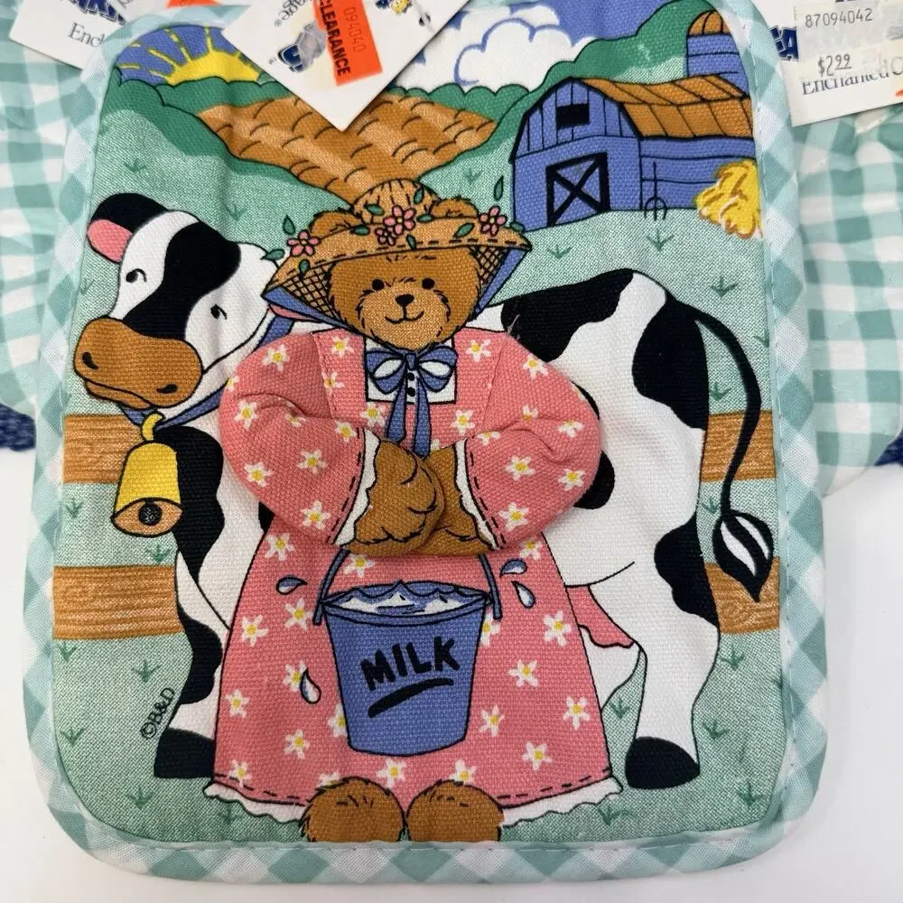 VTG 80s 90s Teddy Bears COW Kitchen Towel Dishcloth Potholder Set Deadstock NOS
